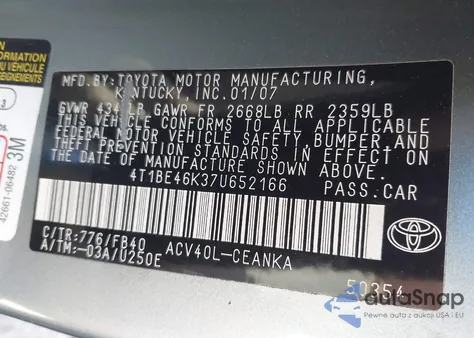 2007 Toyota Camry Le from USA, damaged, VIN 4T1BE46K37U652166